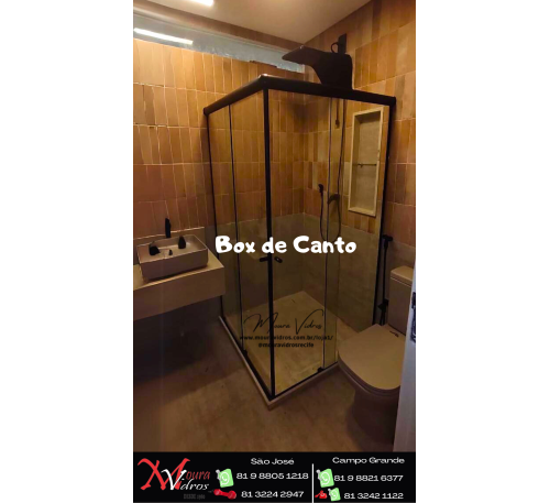 BOX DE CANTO VIDRO TEMPERADO / BLINDEX PERFIL TRADICIONAL PRETO BOLEADO
